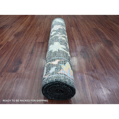 Oushak And Peshawar Wool Hand Knotted Rug Black 3.3x11.6 -O020474