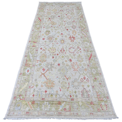 Oushak And Peshawar Wool Hand Knotted Rug Ivory 3.11x9.10 -O020486
