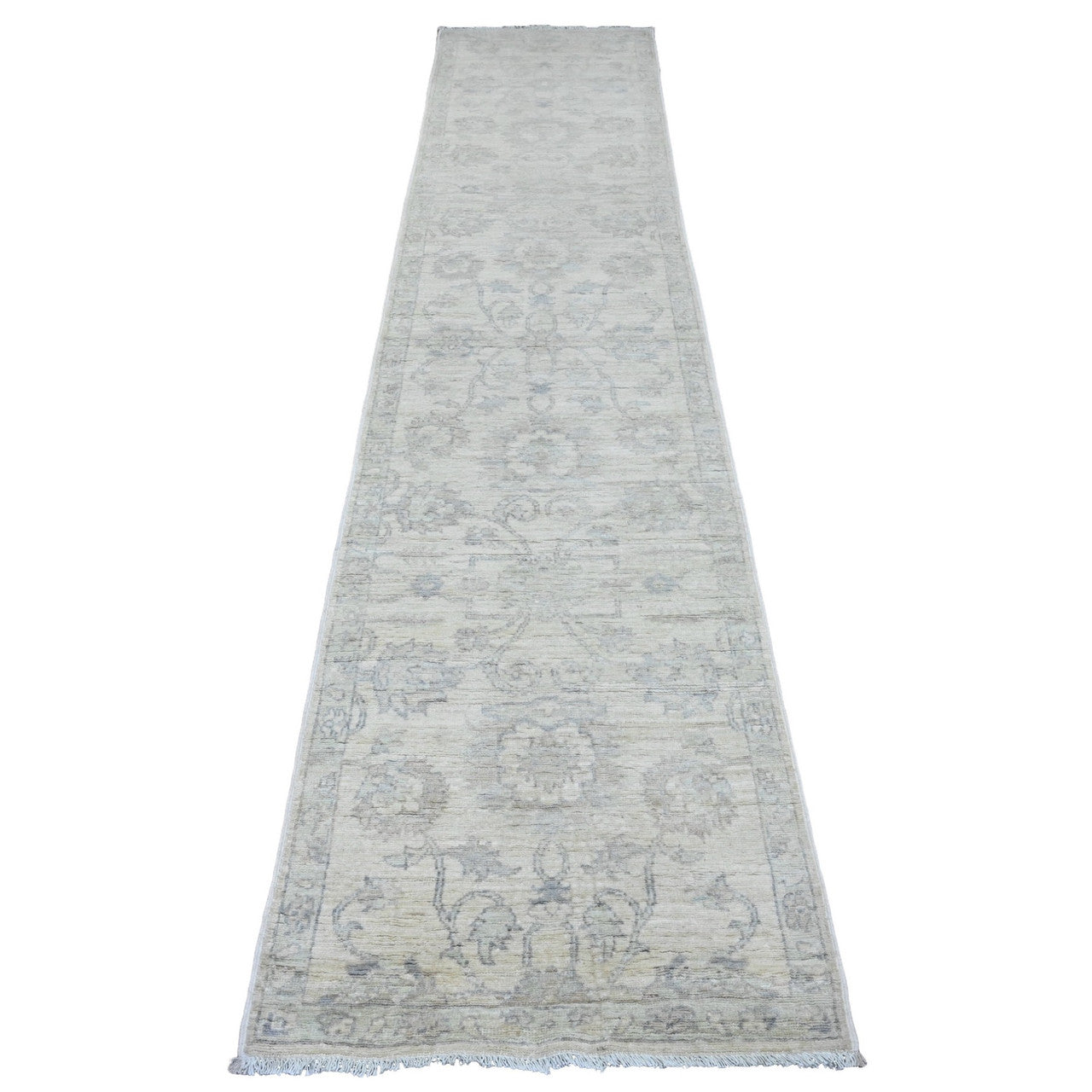Oushak And Peshawar Wool Hand Knotted Rug Ivory 2.5x11.7 -O020502