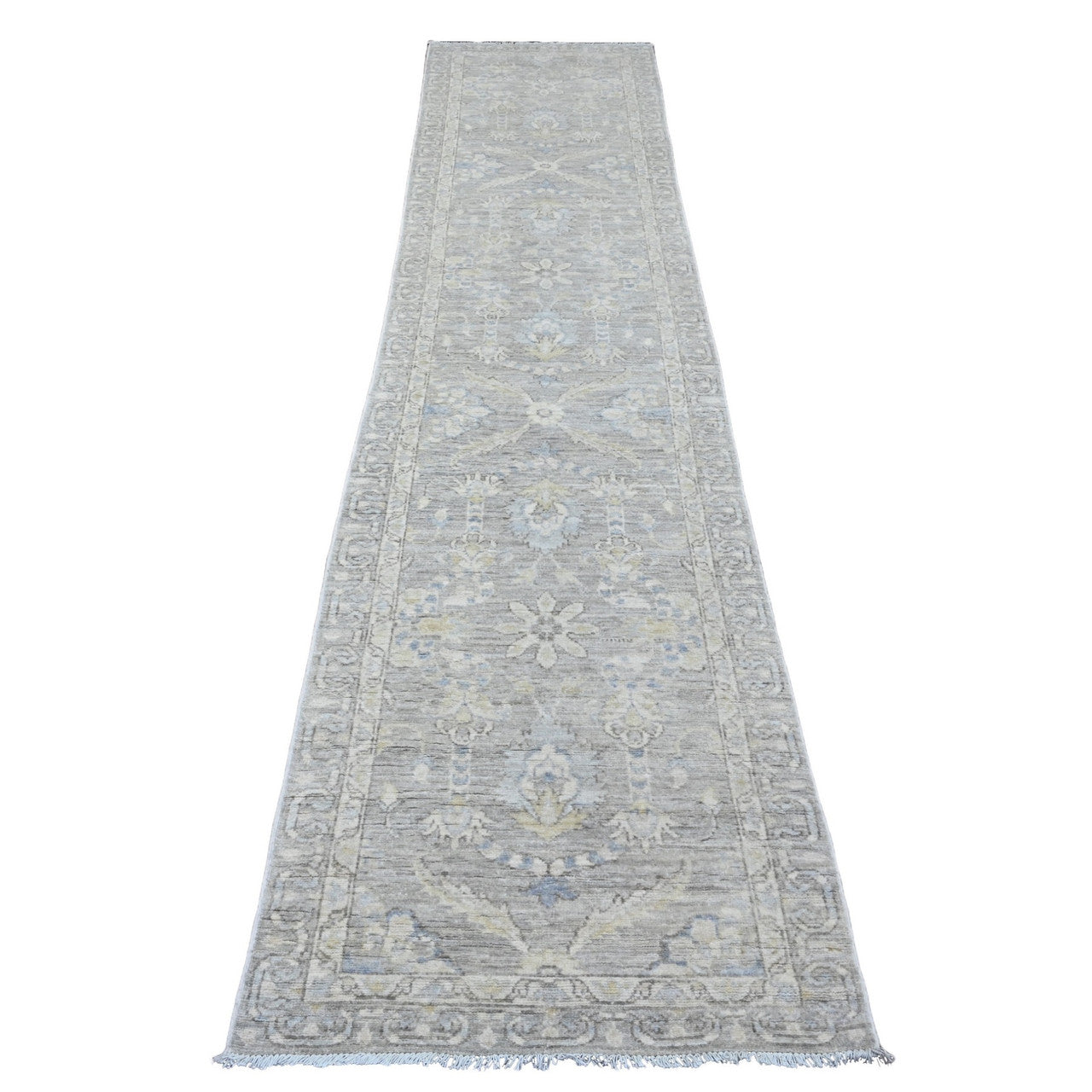 Oushak And Peshawar Wool Hand Knotted Rug Grey 2.8x11.9 -O020504