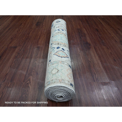 Oushak And Peshawar Wool Hand Knotted Rug Ivory 3.1x11.8 -O020530