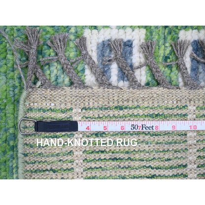 Tribal & Geometric Wool Hand Knotted Rug Green 5.1x12.3 -O020548