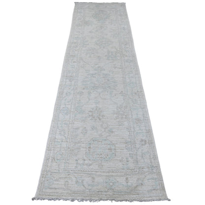 Oushak And Peshawar Wool Hand Knotted Rug Ivory 2.8x9.8 -O020577