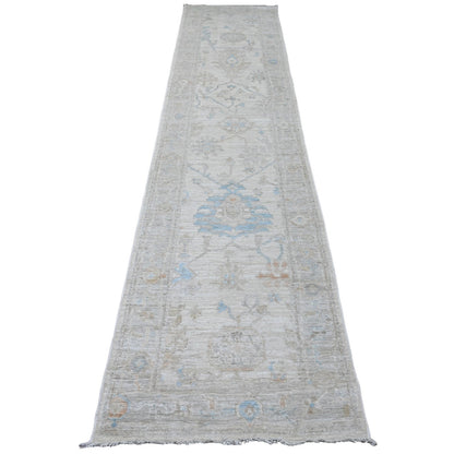 Oushak And Peshawar Wool Hand Knotted Rug Ivory 2.8x12.4 -O020582