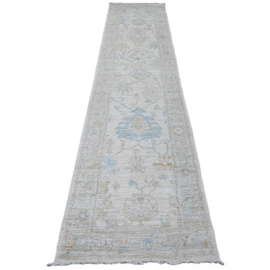Oushak And Peshawar Wool Hand Knotted Rug Ivory 2.8x12.4 -O020582