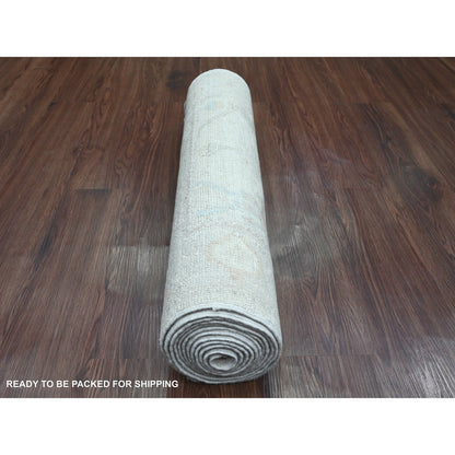 Oushak And Peshawar Wool Hand Knotted Rug Ivory 2.8x12.4 -O020582