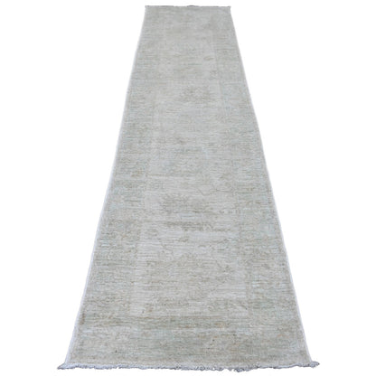 Oushak And Peshawar Wool Hand Knotted Rug Ivory 2.10x11.5 -O020584