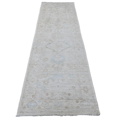 Oushak And Peshawar Wool Hand Knotted Rug Ivory 3.0x9.9 -O020592