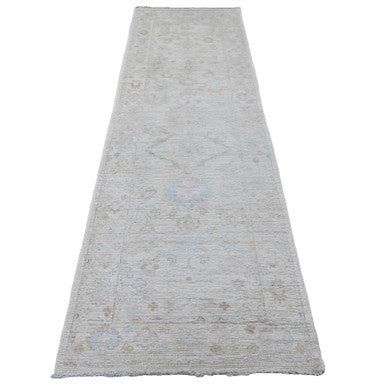 Oushak And Peshawar Wool Hand Knotted Rug Ivory 3.0x9.9 -O020592