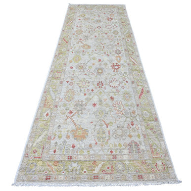 Oushak And Peshawar Wool Hand Knotted Rug Ivory 3.11x11.9 -O020600