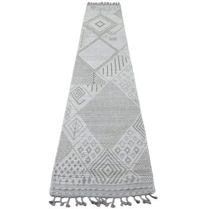 Tribal & Geometric Wool Hand Knotted Rug Ivory 2.5x14.3 -O020617