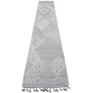 Tribal & Geometric Wool Hand Knotted Rug Ivory 2.5x14.3 -O020617