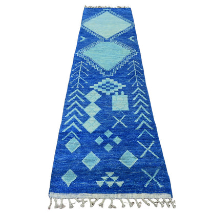 Tribal & Geometric Wool Hand Knotted Rug Blue 2.8x10.5 -O020618