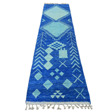 Tribal & Geometric Wool Hand Knotted Rug Blue 2.8x10.5 -O020618