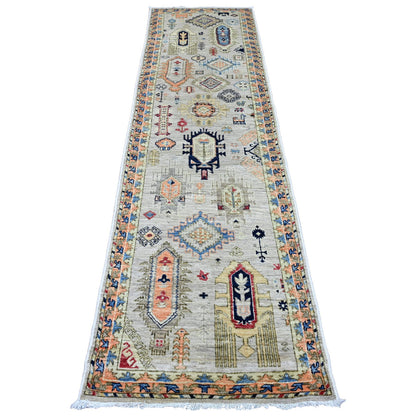 Oushak And Peshawar Wool Hand Knotted Rug Ivory 2.7x9.8 -O020632