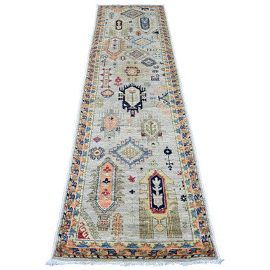 Oushak And Peshawar Wool Hand Knotted Rug Ivory 2.7x9.8 -O020632
