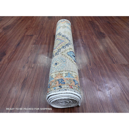 Oushak And Peshawar Wool Hand Knotted Rug Ivory 2.7x9.8 -O020632