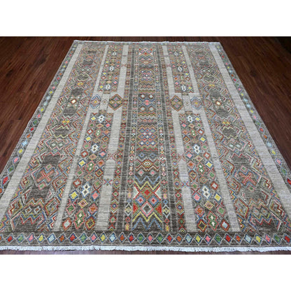 Tribal & Geometric Wool Hand Knotted Rug Grey 8.1x9.6 -O020637