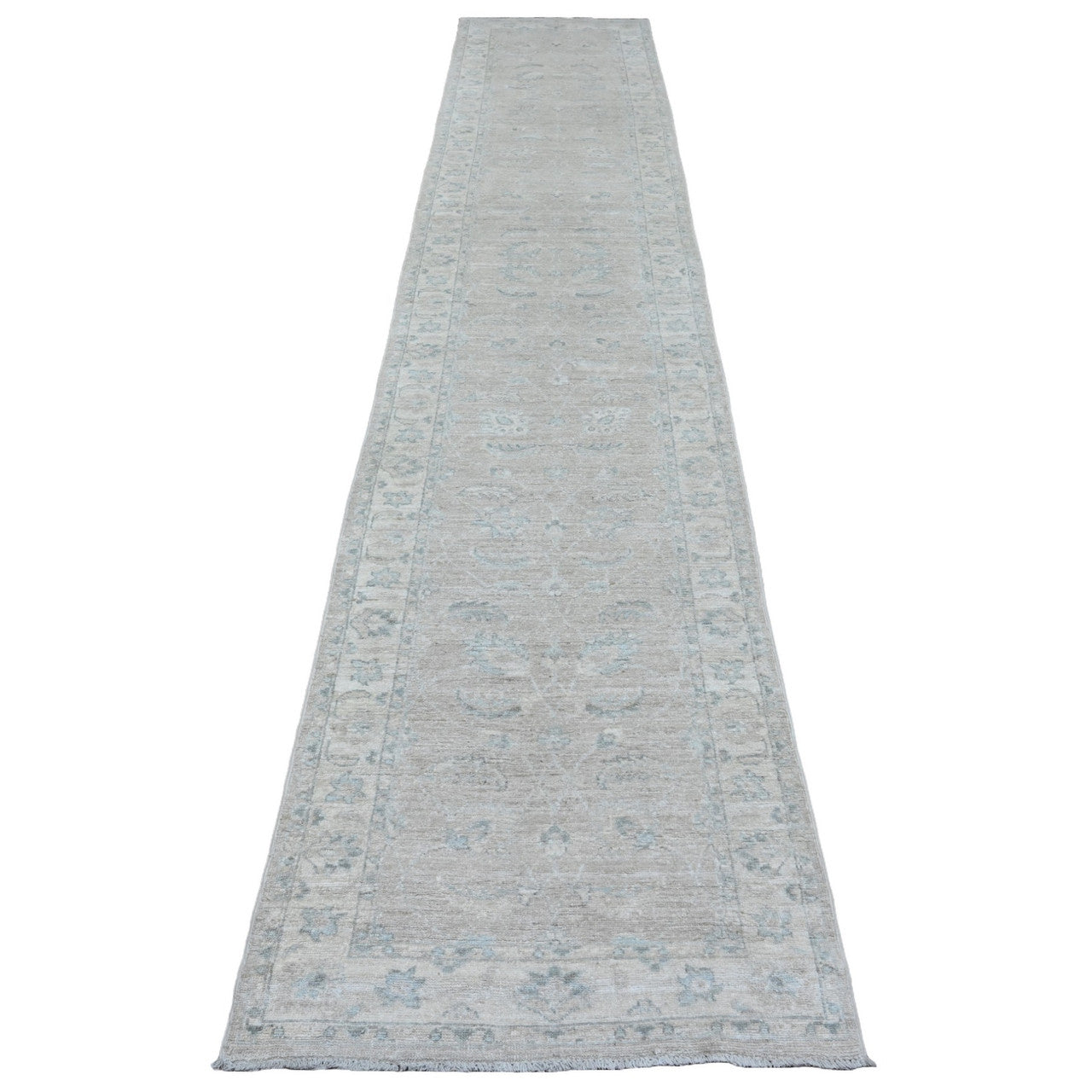 Oushak And Peshawar Wool Hand Knotted Rug Brown 2.8x14.2 -O020689