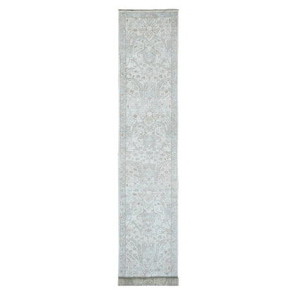 Oushak And Peshawar Wool Hand Knotted Rug Ivory 2.8x16.3 -O020693