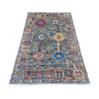 Tribal & Geometric Wool Hand Knotted Rug Grey 3.11x5.11 -O020696