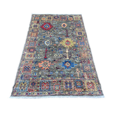 Tribal & Geometric Wool Hand Knotted Rug Grey 3.11x5.11 -O020696