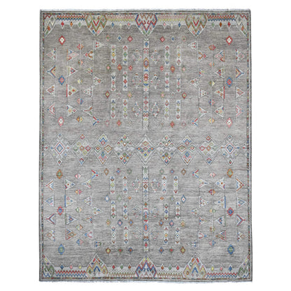 Tribal & Geometric Wool Hand Knotted Rug Grey 9.1x11.5 -O020740