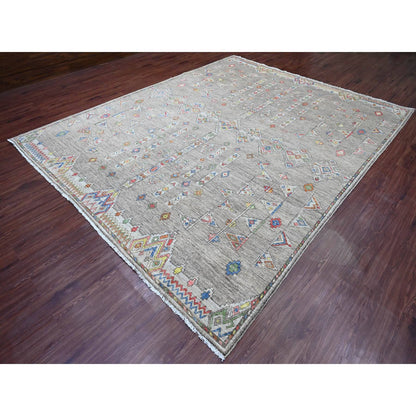 Tribal & Geometric Wool Hand Knotted Rug Grey 9.1x11.5 -O020740