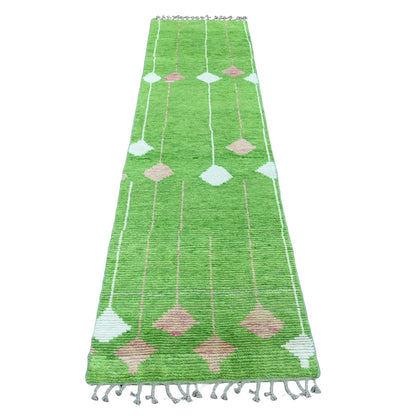 Tribal & Geometric Wool Hand Knotted Rug Green 2.6x9.1 -O020747