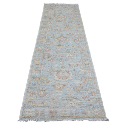 Oushak And Peshawar Wool Hand Knotted Rug Blue 3.0x9.6 -O020792