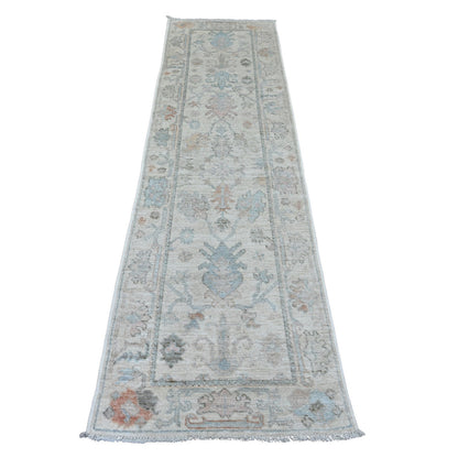 Oushak And Peshawar Wool Hand Knotted Rug Ivory 2.7x9.6 -O020813
