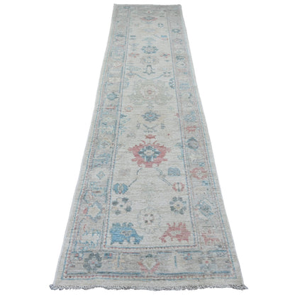Oushak And Peshawar Wool Hand Knotted Rug Ivory 2.9x11.7 -O020814