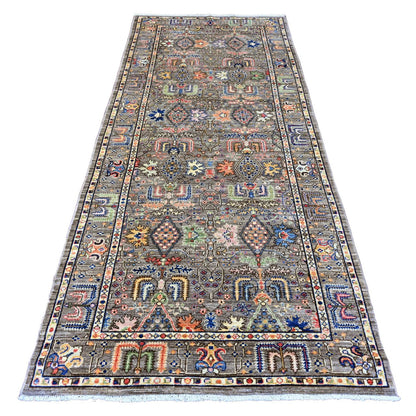 Tribal & Geometric Wool Hand Knotted Rug Brown 4.1x9.8 -O020821