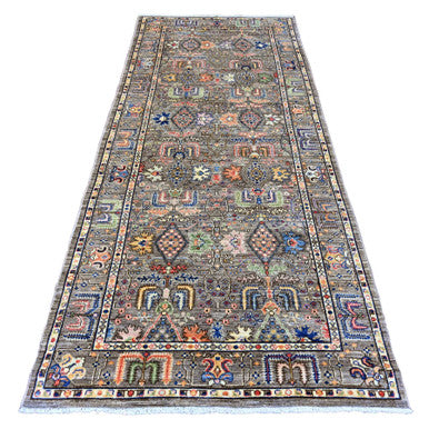Tribal & Geometric Wool Hand Knotted Rug Brown 4.1x9.8 -O020821