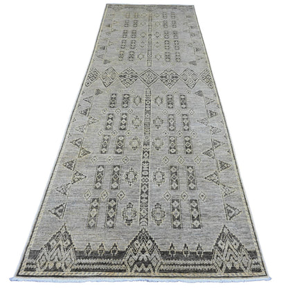 Tribal & Geometric Wool Hand Knotted Rug Grey 3.11x11.9 -O020823