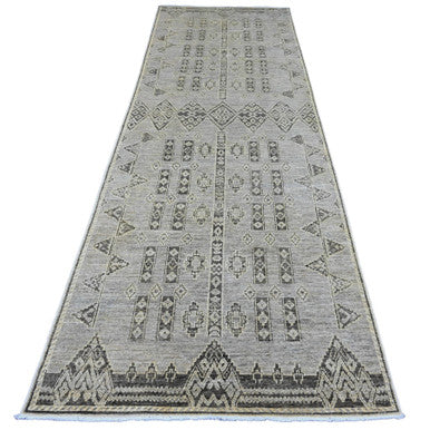 Tribal & Geometric Wool Hand Knotted Rug Grey 3.11x11.9 -O020823