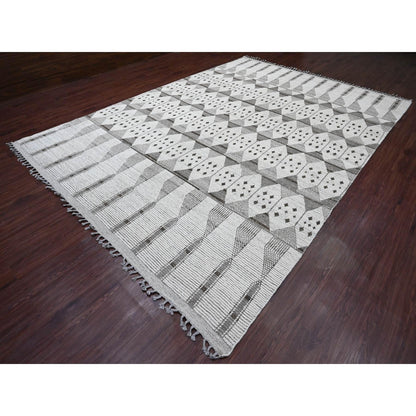 Tribal & Geometric Wool Hand Knotted Rug Ivory 9.3x13.2 -O020832