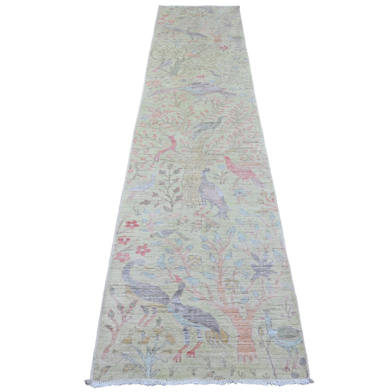 Oushak And Peshawar Wool Hand Knotted Rug Green 2.6x11.4 -O020854