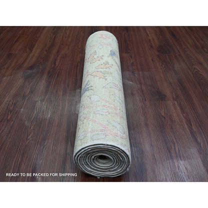 Oushak And Peshawar Wool Hand Knotted Rug Green 2.6x11.4 -O020854