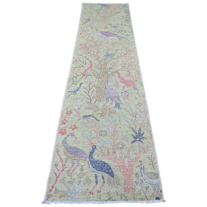 Oushak And Peshawar Wool Hand Knotted Rug Green 2.5x9.9 -O020856