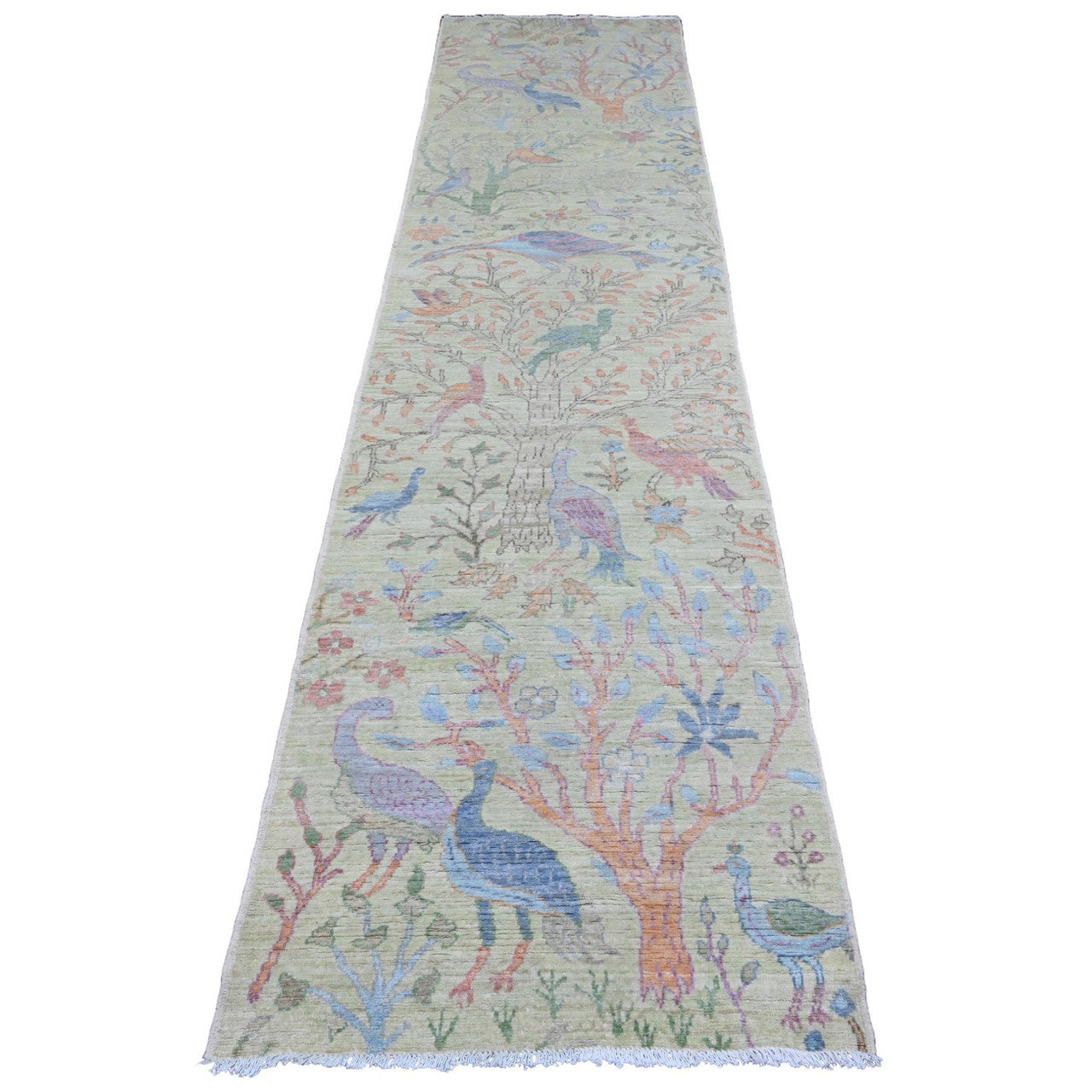 Oushak And Peshawar Wool Hand Knotted Rug Green 2.9x11.8 -O020858
