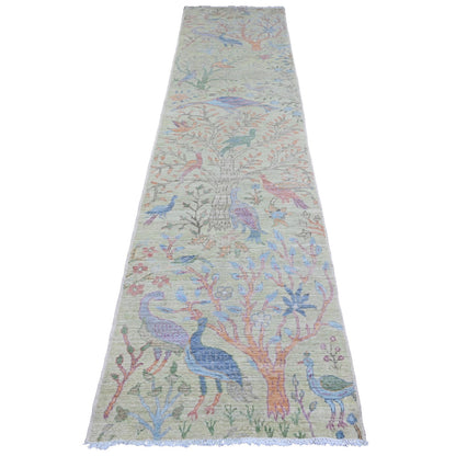 Oushak And Peshawar Wool Hand Knotted Rug Green 2.9x11.8 -O020858