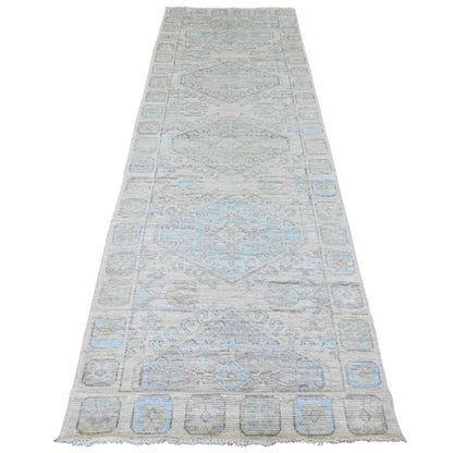 Oushak And Peshawar Wool Hand Knotted Rug Ivory 3.3x10.0 -O020860
