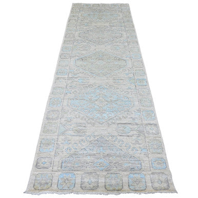 Oushak And Peshawar Wool Hand Knotted Rug Ivory 3.3x10.0 -O020860