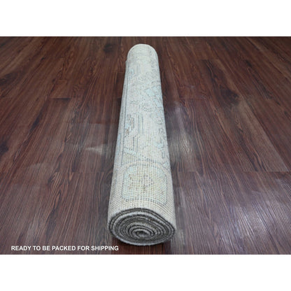Oushak And Peshawar Wool Hand Knotted Rug Ivory 3.3x10.0 -O020860