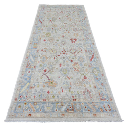 Oushak And Peshawar Wool Hand Knotted Rug Ivory 4.1x10.1 -O020877