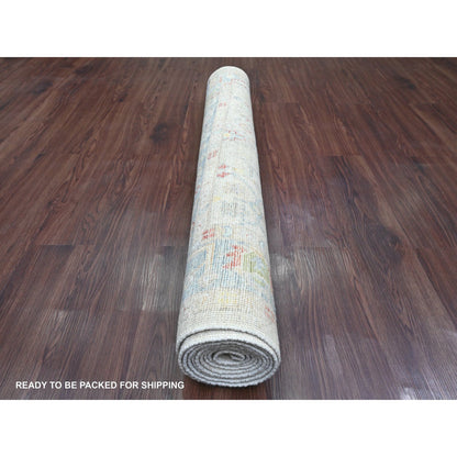 Oushak And Peshawar Wool Hand Knotted Rug Ivory 4.1x10.1 -O020877