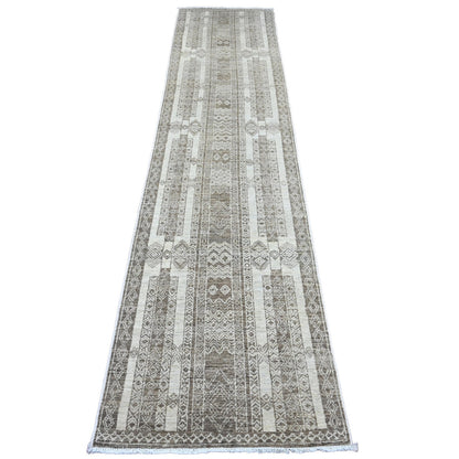 Tribal & Geometric Wool Hand Knotted Rug Brown 2.6x11.6 -O020939