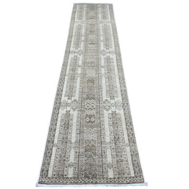 Tribal & Geometric Wool Hand Knotted Rug Brown 2.6x11.6 -O020939