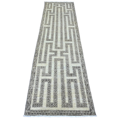 Tribal & Geometric Wool Hand Knotted Rug Brown 2.7x9.5 -O020940